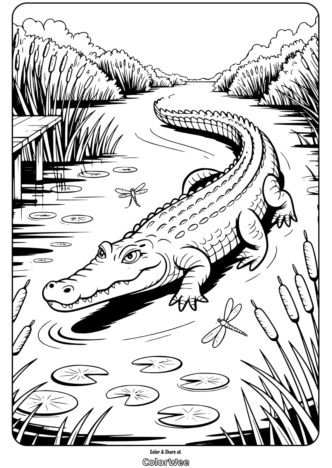 Alligator in swamp coloring page with dragonflies and lily pads.