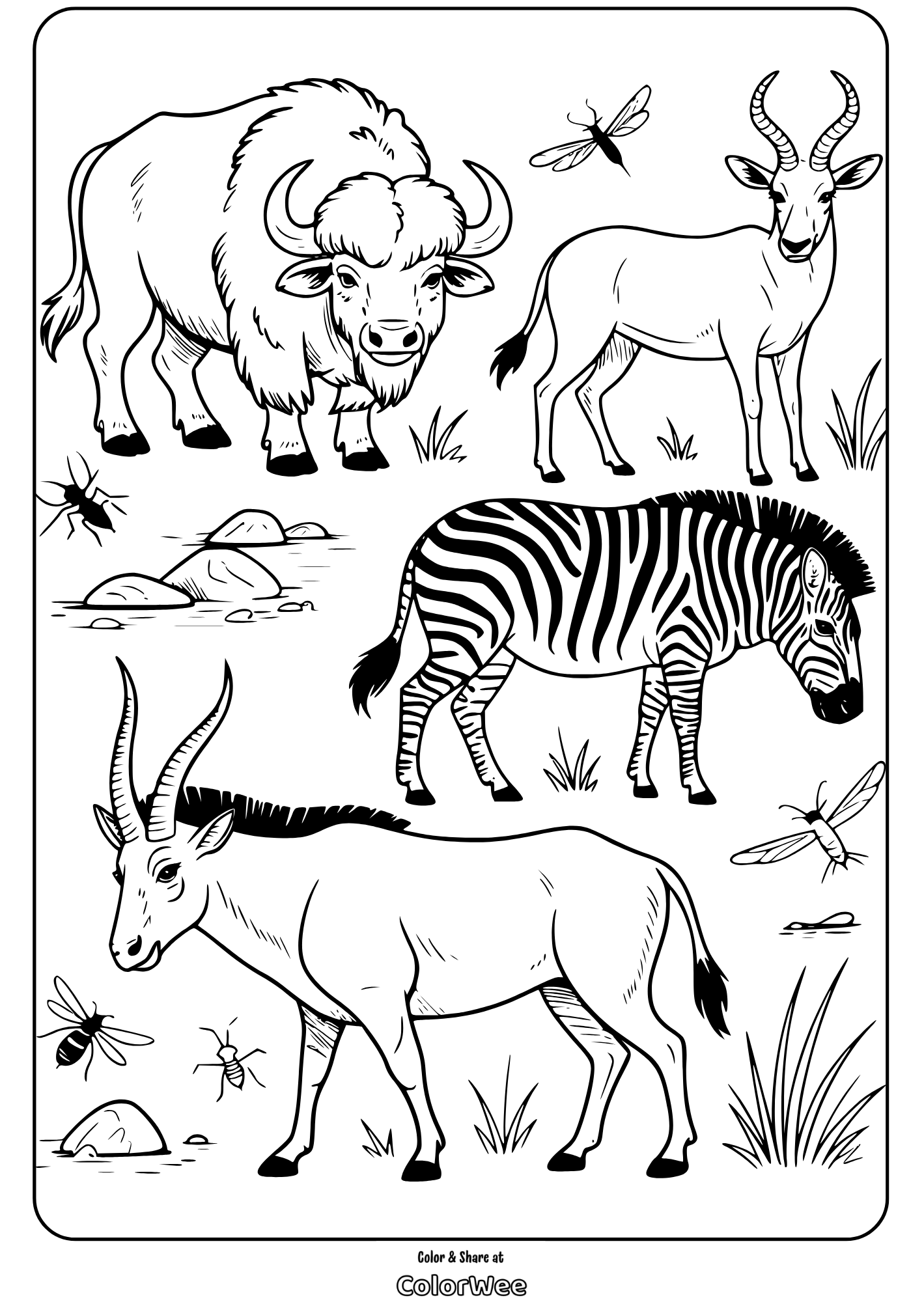 Animal coloring page with bison, zebra, antelope, and insects