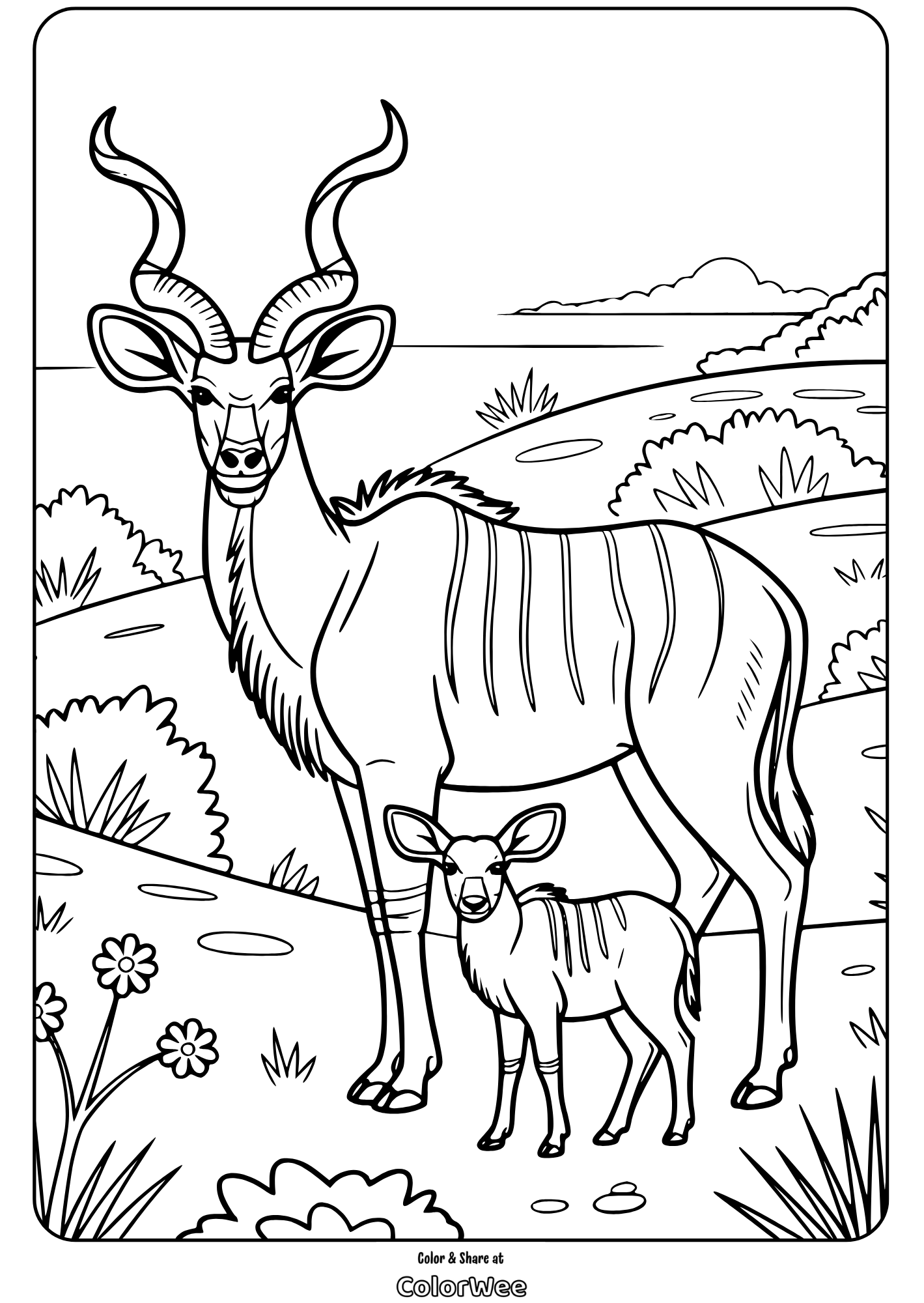 antelope calf coloring pagepng Antelope and calf in a hilly landscape coloring page.