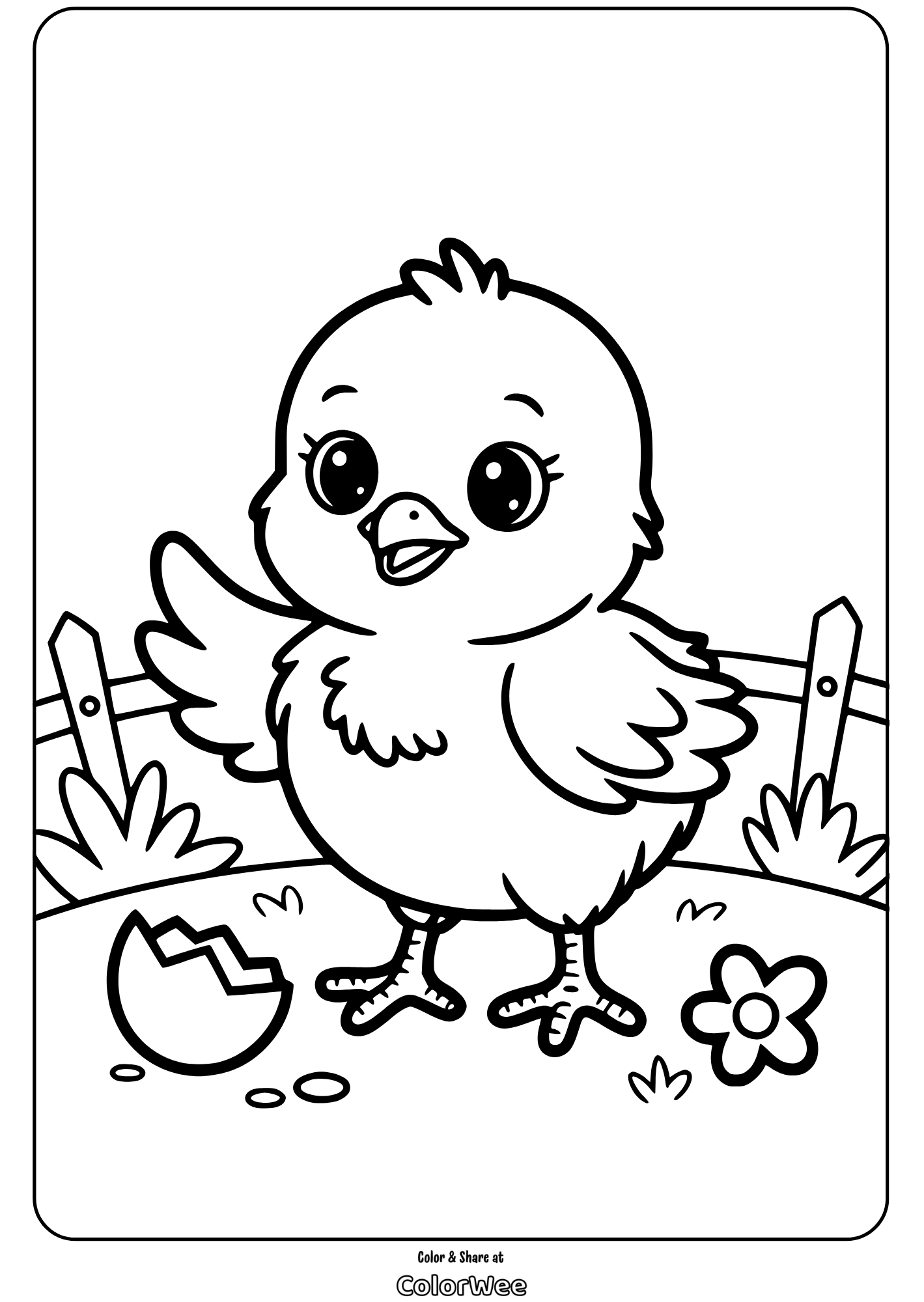 Cute chick coloring page for kids with a cracked egg.