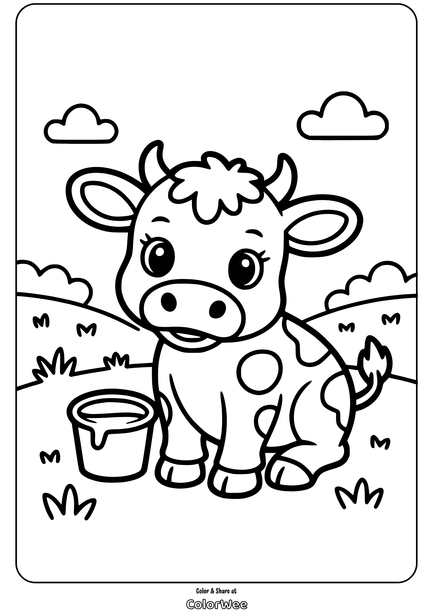 Cute cow coloring page for kids with a bucket in a grassy field.