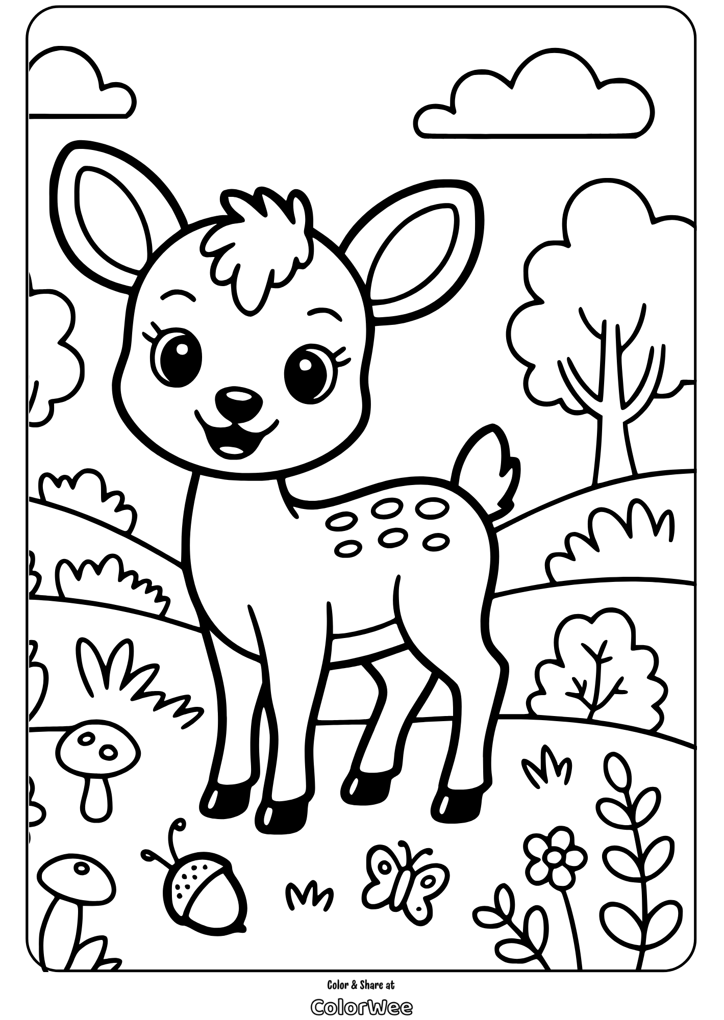 Adorable fawn coloring page for kids, featuring forest scenery