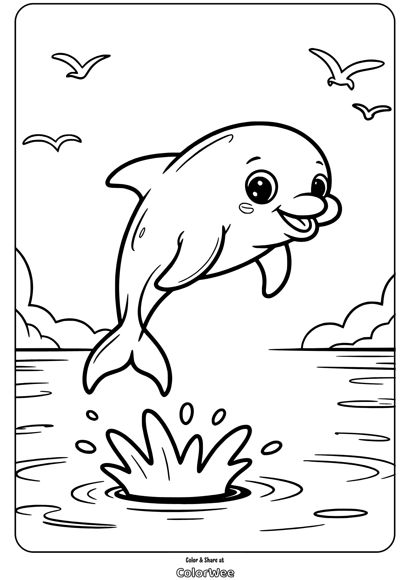 baby dolphin jumping in ocean coloring page Dolphin leaping from ocean with birds flying. Coloring page.