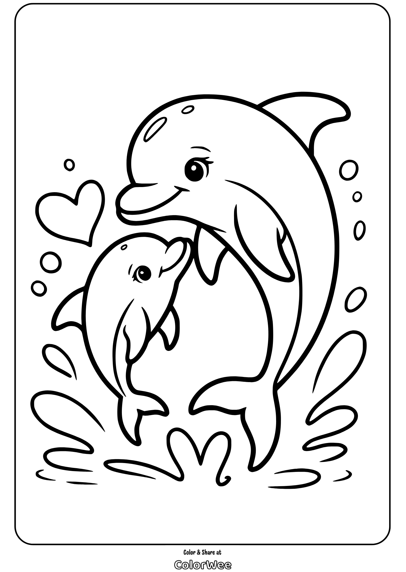 Cute dolphins coloring page for kids with heart and water splashes.
