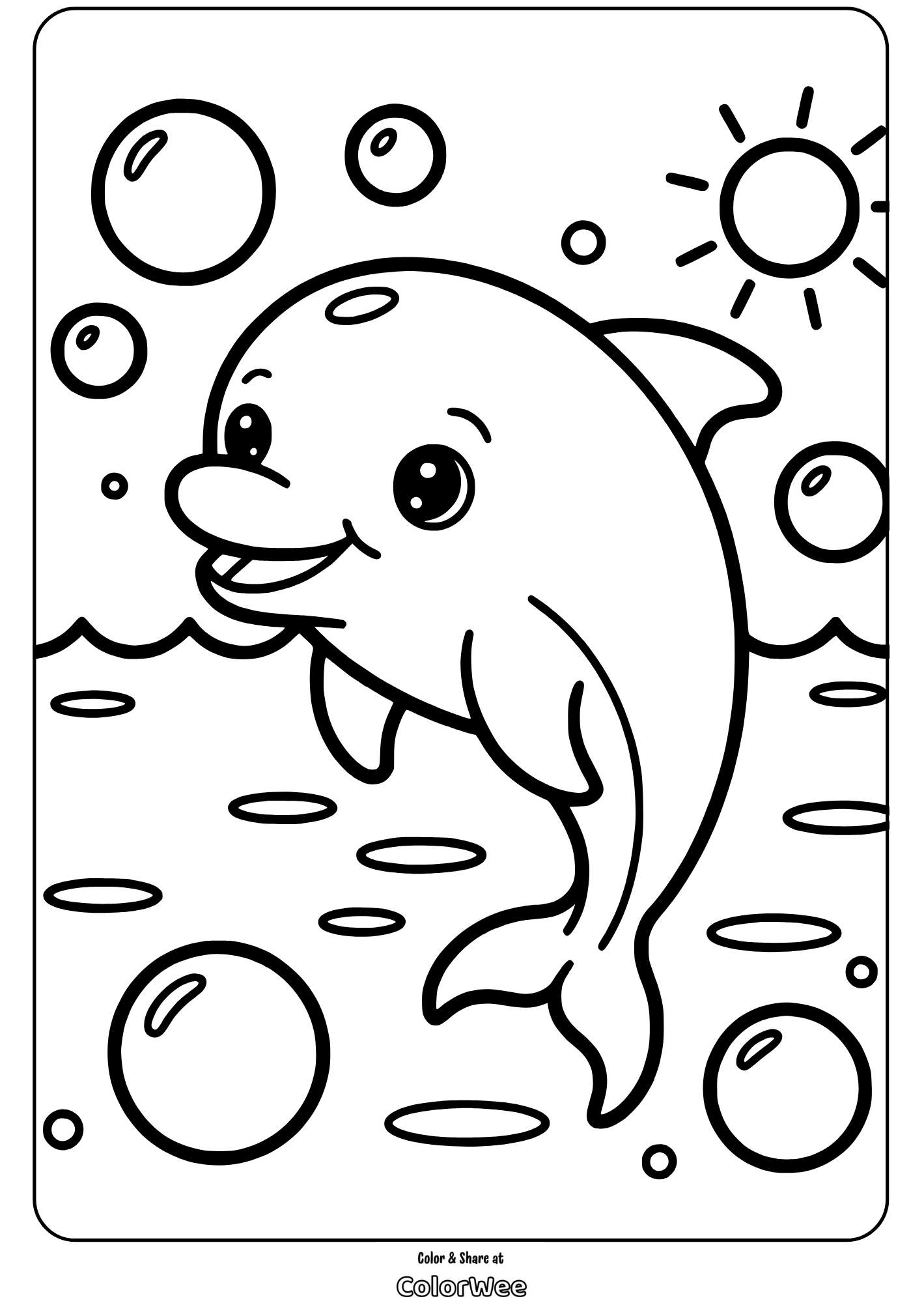 Coloring page of a happy dolphin with bubbles and a sun.