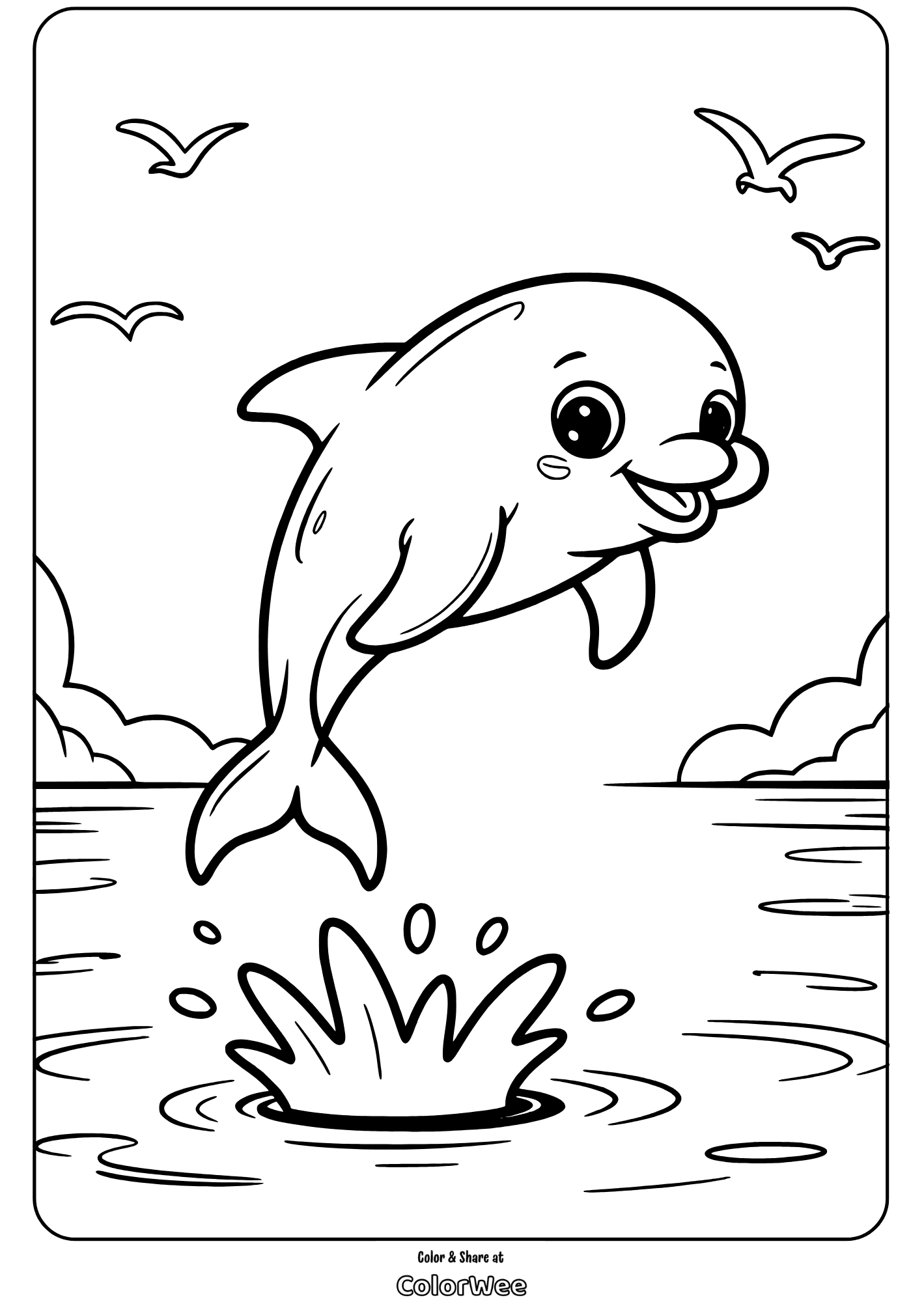 Dolphin leaping from ocean with birds flying. Coloring page.