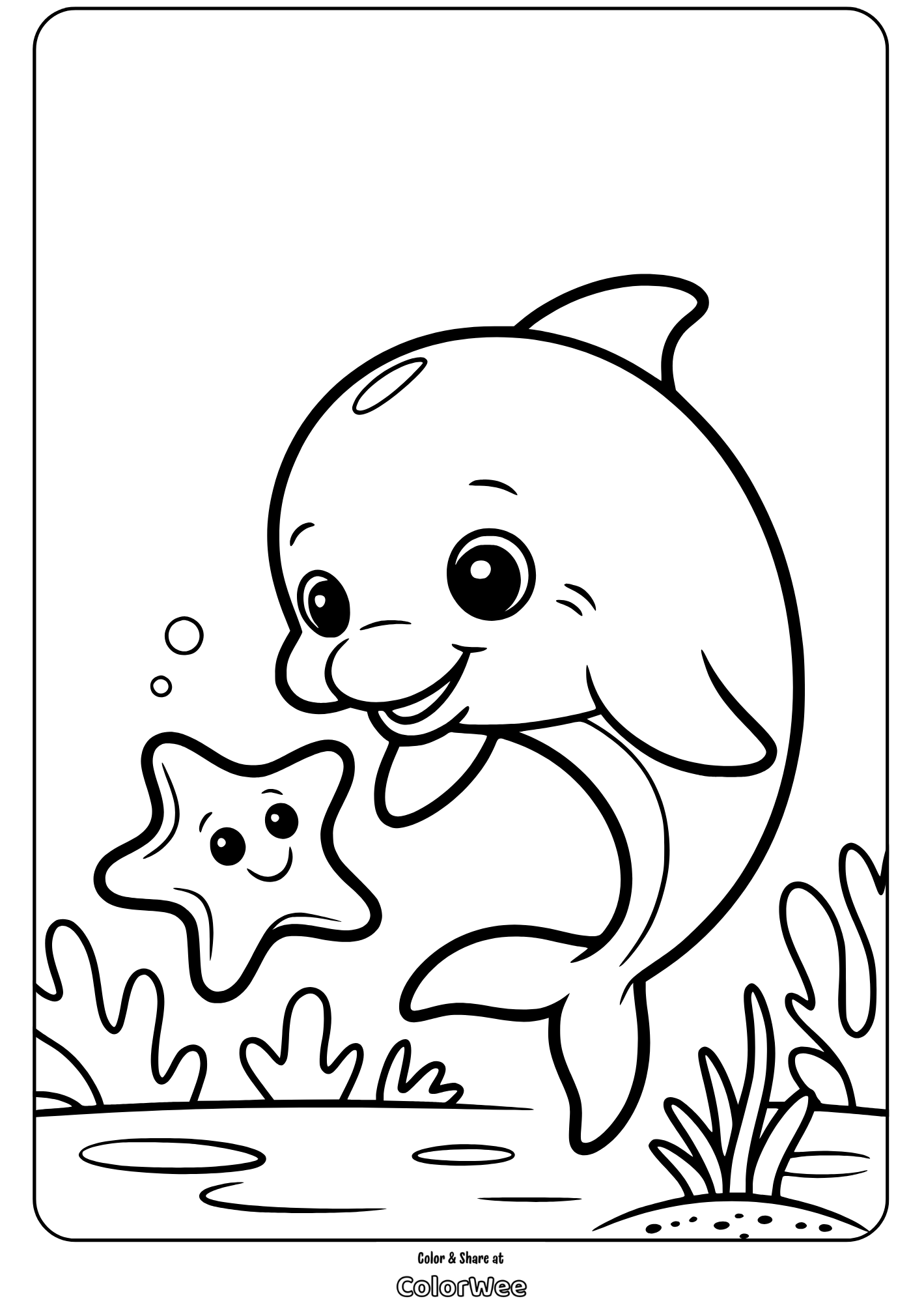 Cute dolphin and starfish coloring page for kids’ fun ocean adventure.