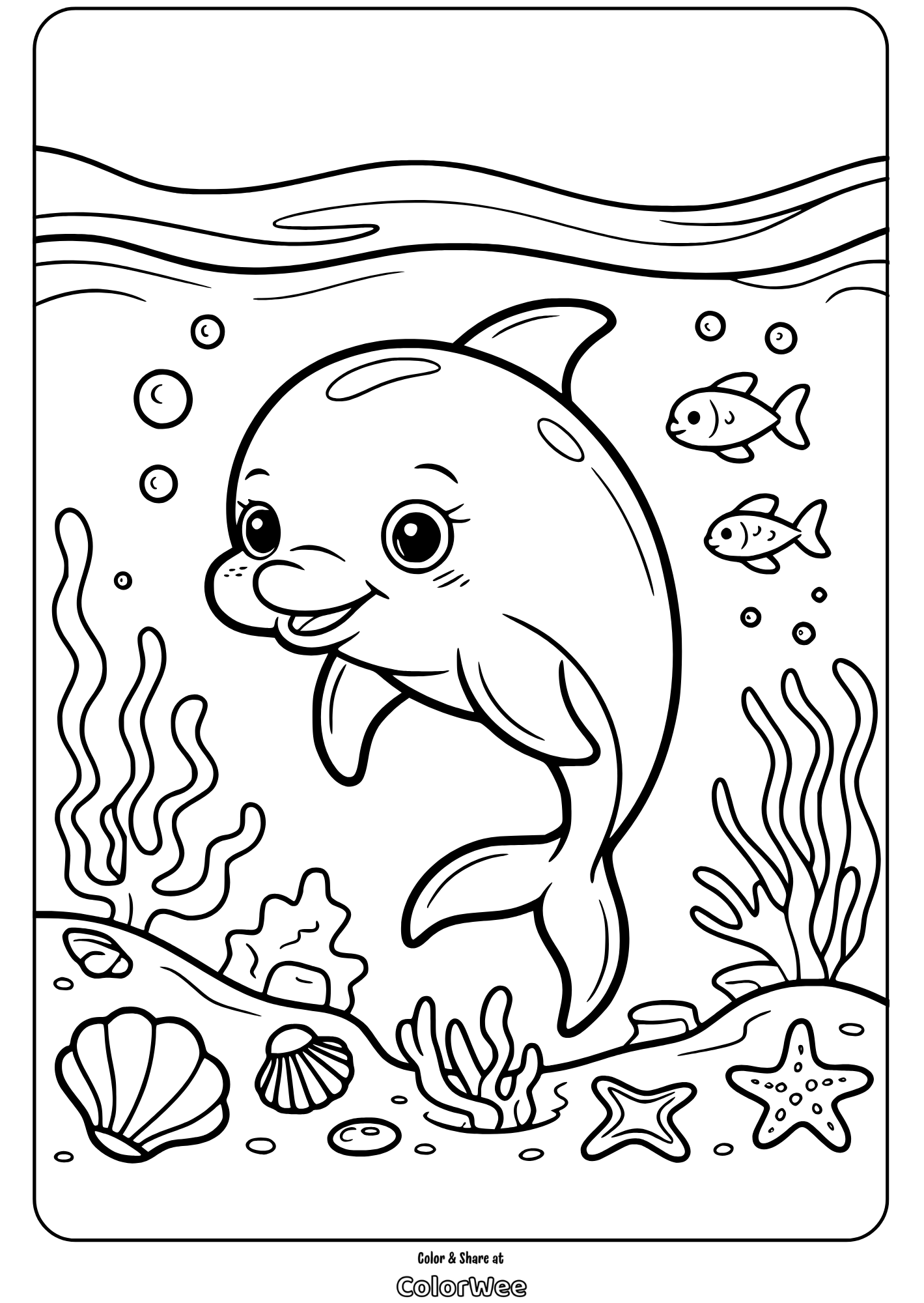 Cute dolphin coloring page with ocean scene and friendly fish.