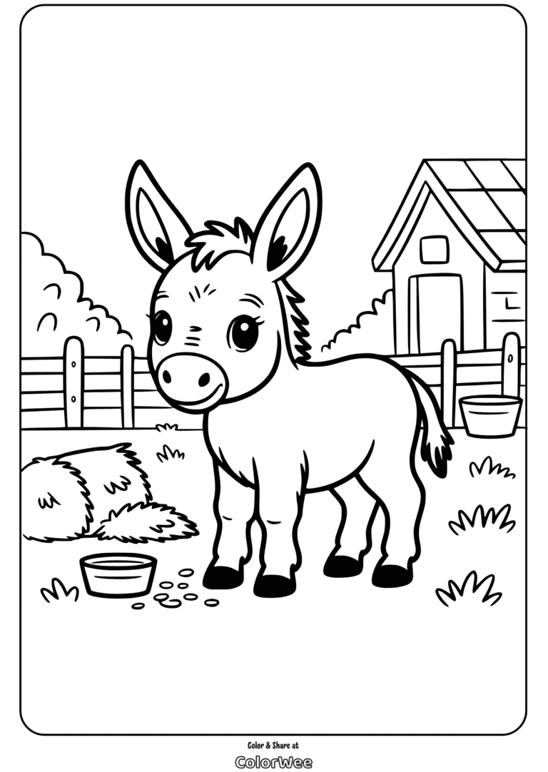 Young donkey near barn coloring page for kids.