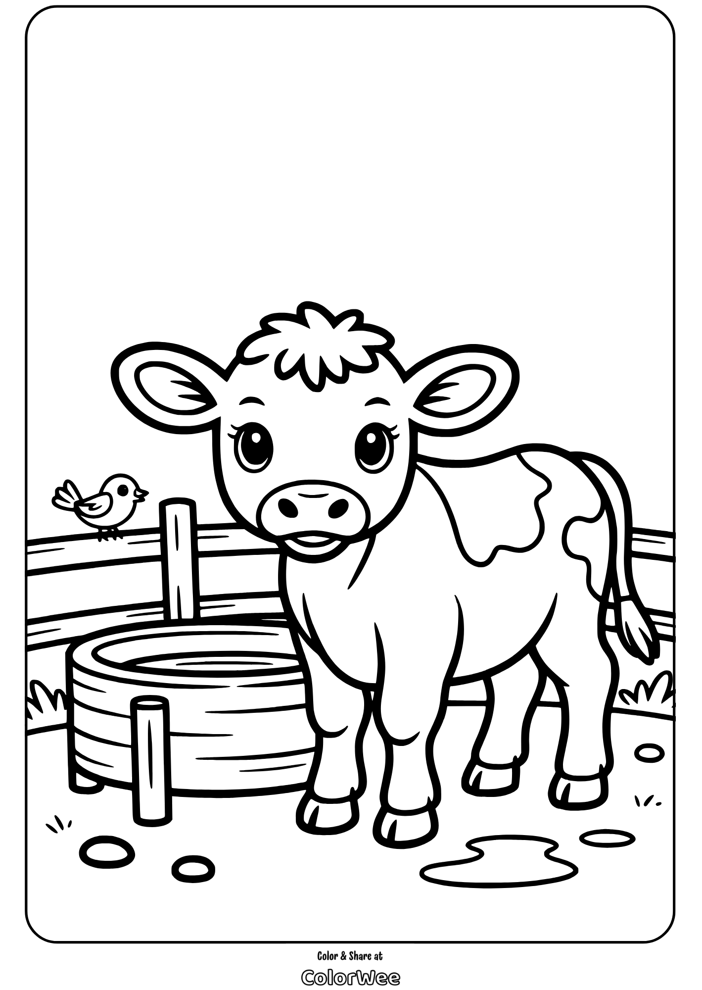 Cow and bird at a farm coloring page for kids.