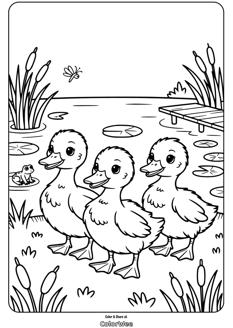 Three ducklings by a pond with a frog and lily pads coloring page.