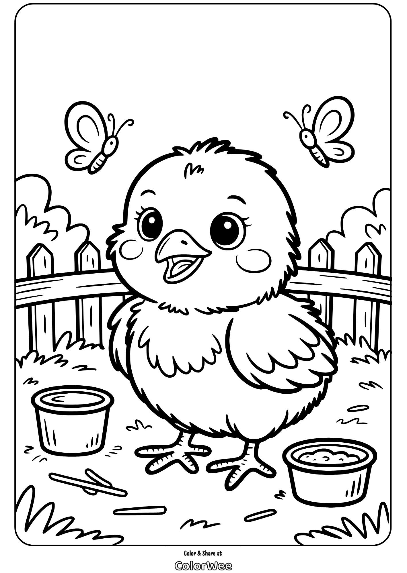 Cute chick and butterflies coloring page for kids.