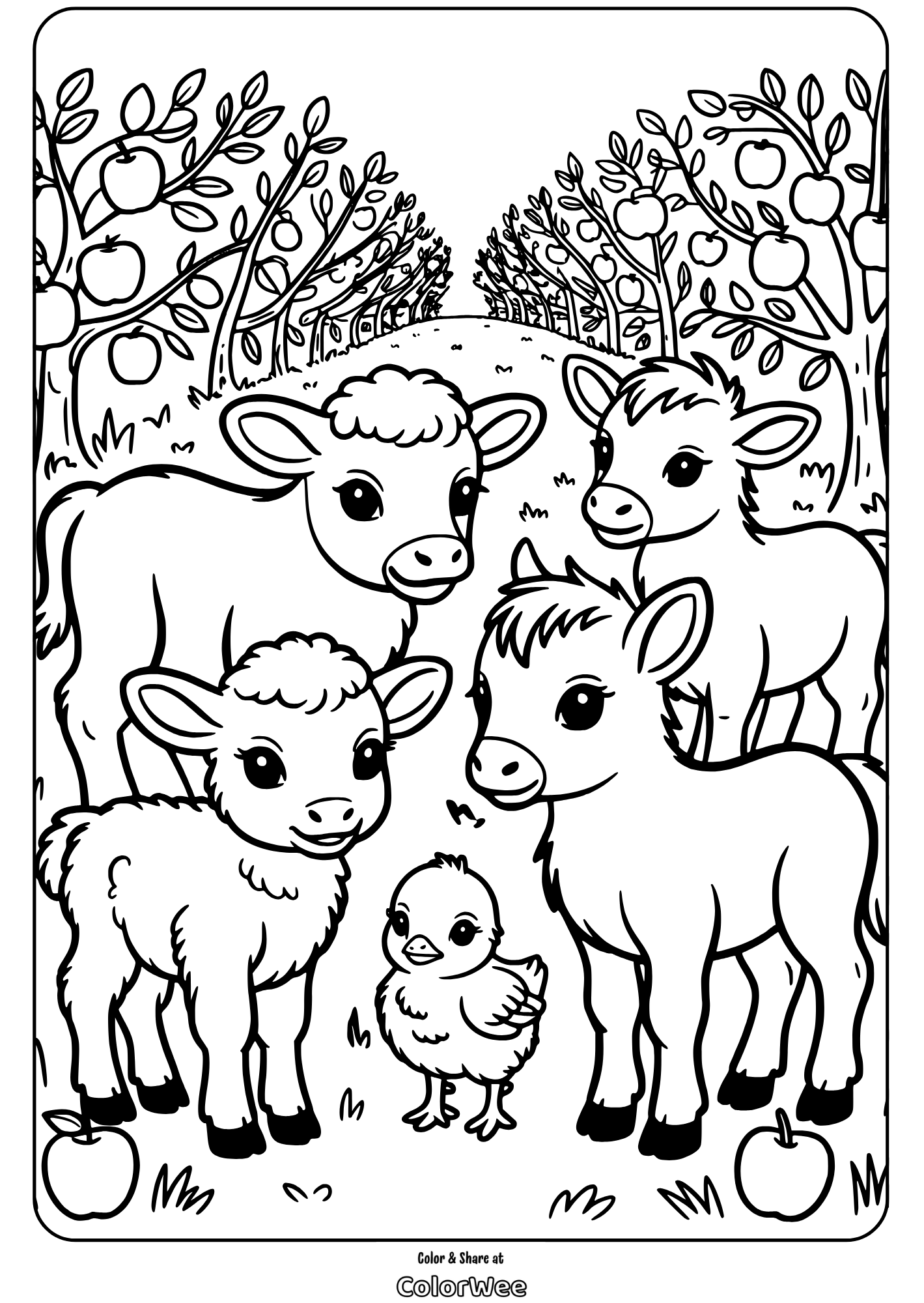 Four cute calves and a chick in an orchard coloring page.