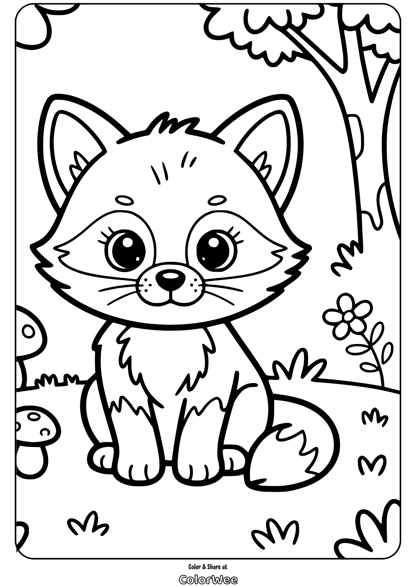 Cute fox coloring page for kids featuring nature background.