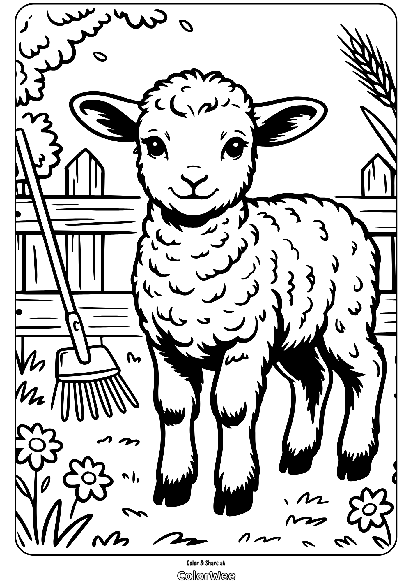 Lamb coloring page with flowers and fence in the background.