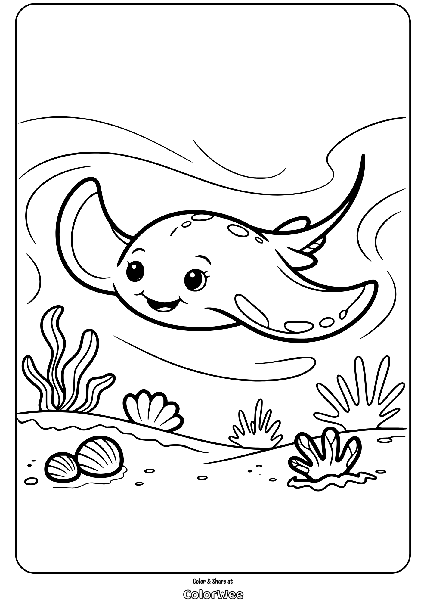 Happy cartoon stingray underwater coloring page for kids.