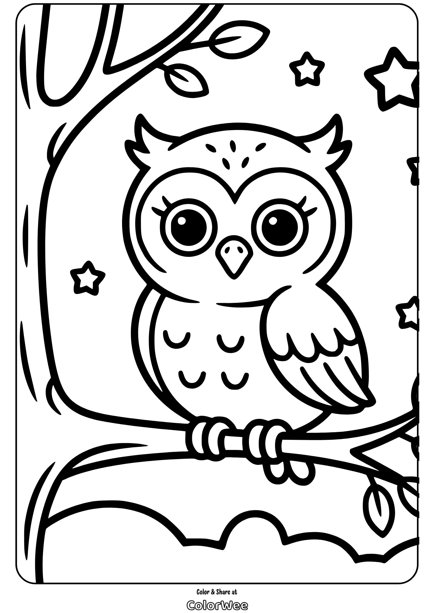 Cute owl on a branch coloring page with stars.