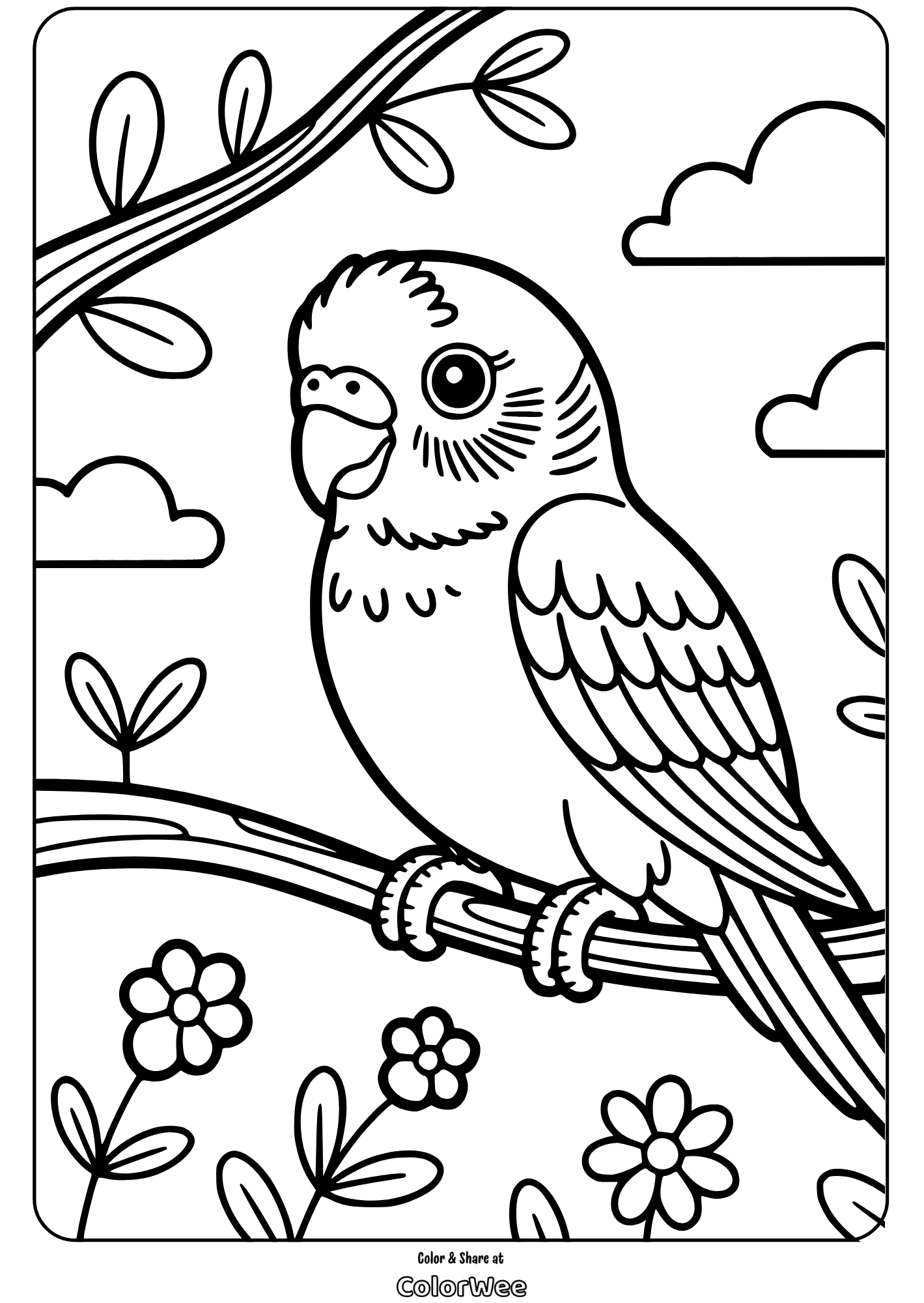 Parrot on branch coloring page with flowers and leaves.