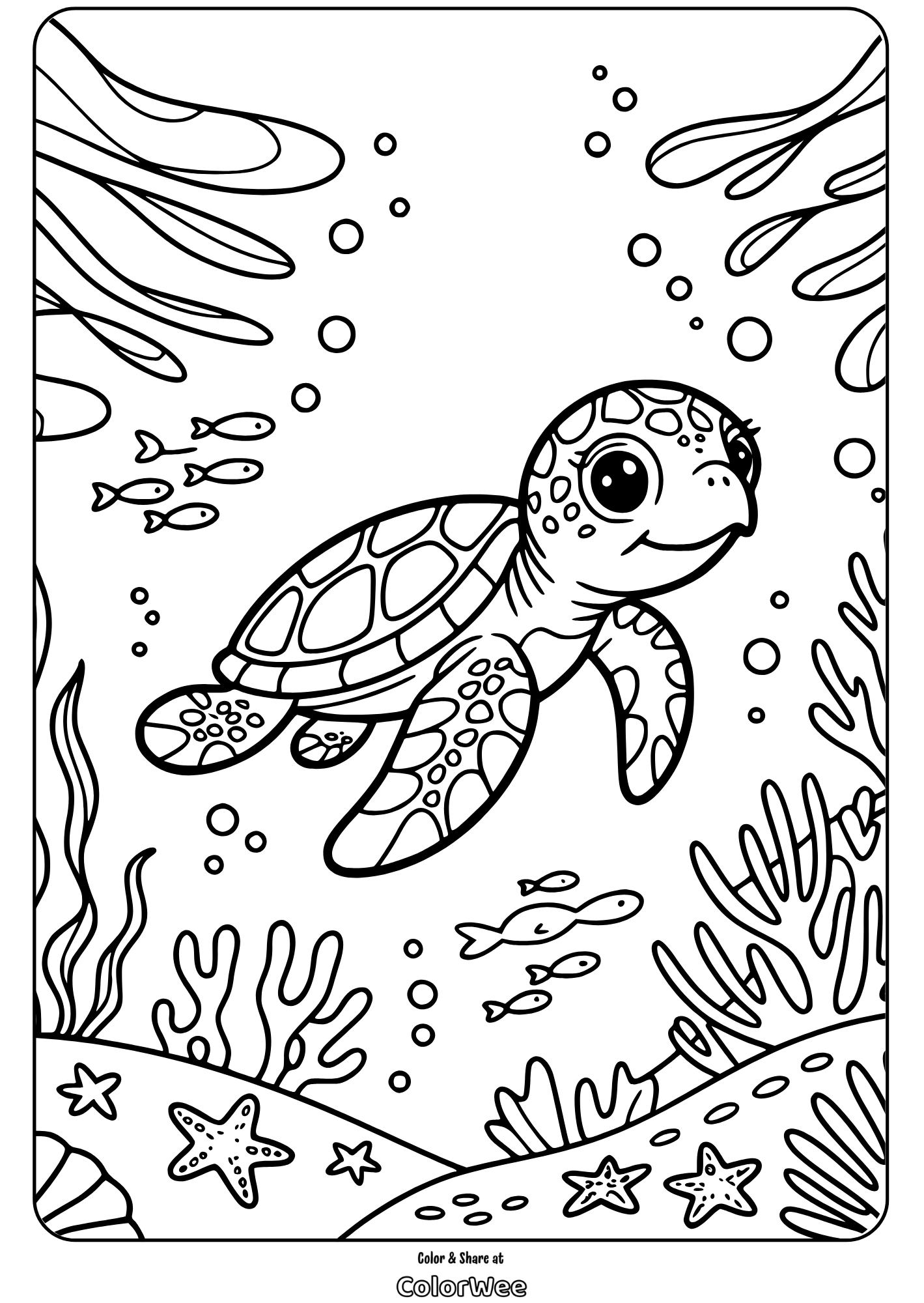 Cute sea turtle coloring page with ocean scenery.