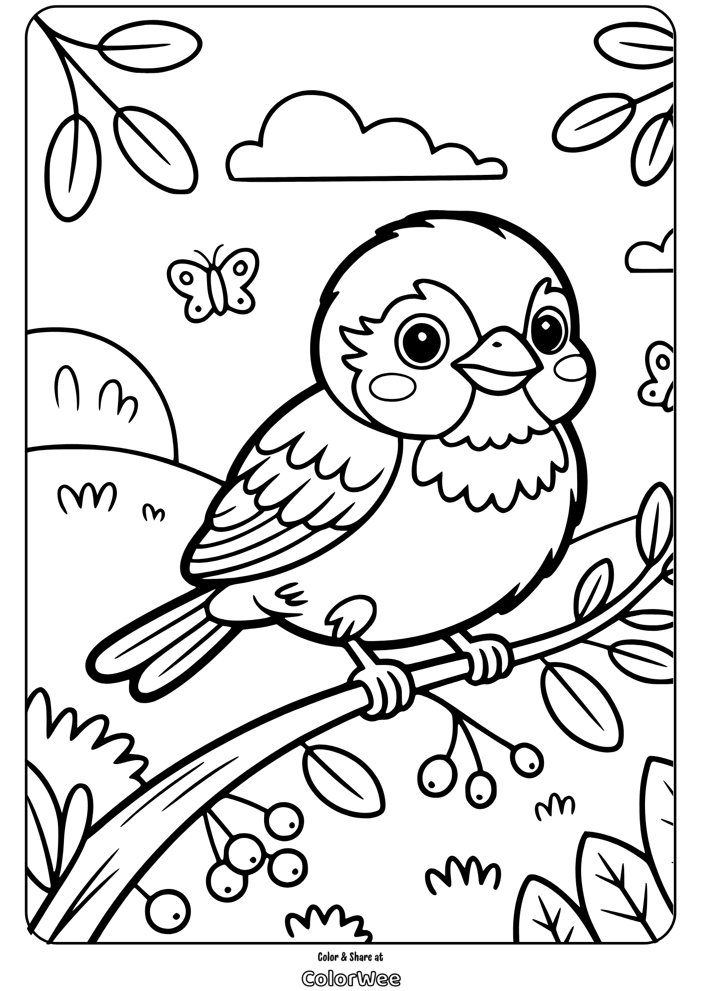 Cute bird on a branch coloring page for kids with butterfly.