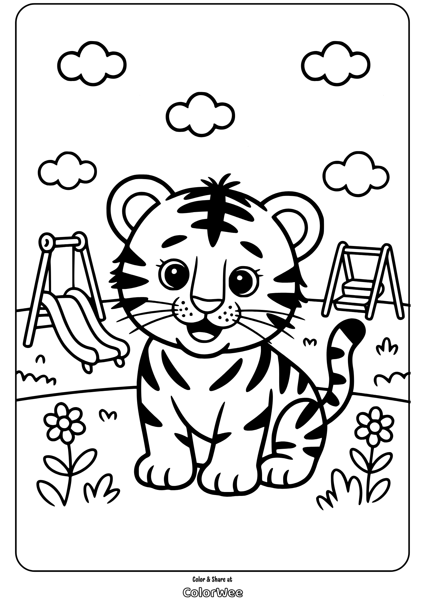 Cute tiger cub in playground coloring page.