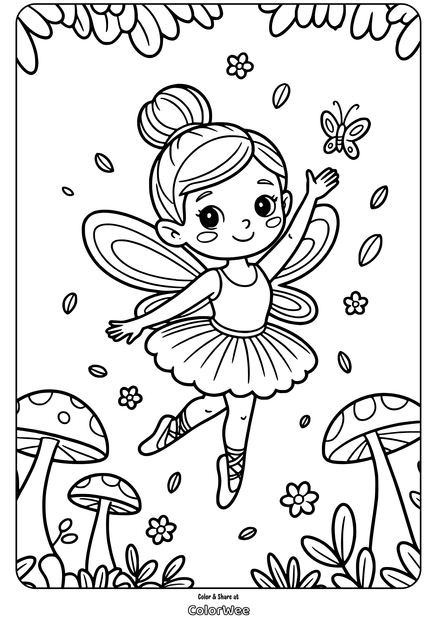 ballerina fairy dancing in forest coloring page Fairy ballerina dancing with a butterfly in forest coloring page.