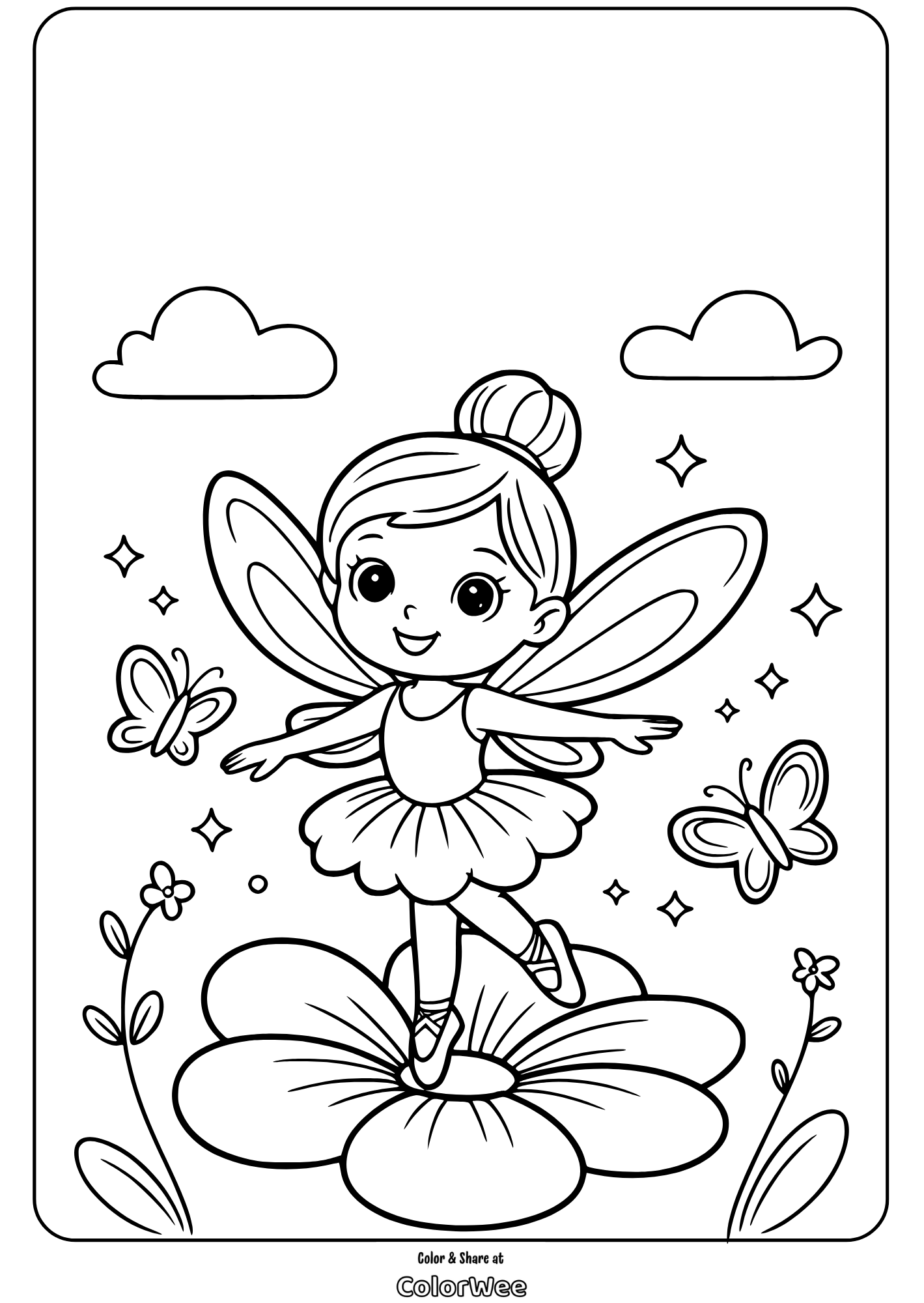 ballerina fairy dancing on flower coloring page Fairy dancing on a flower with butterflies for coloring page.