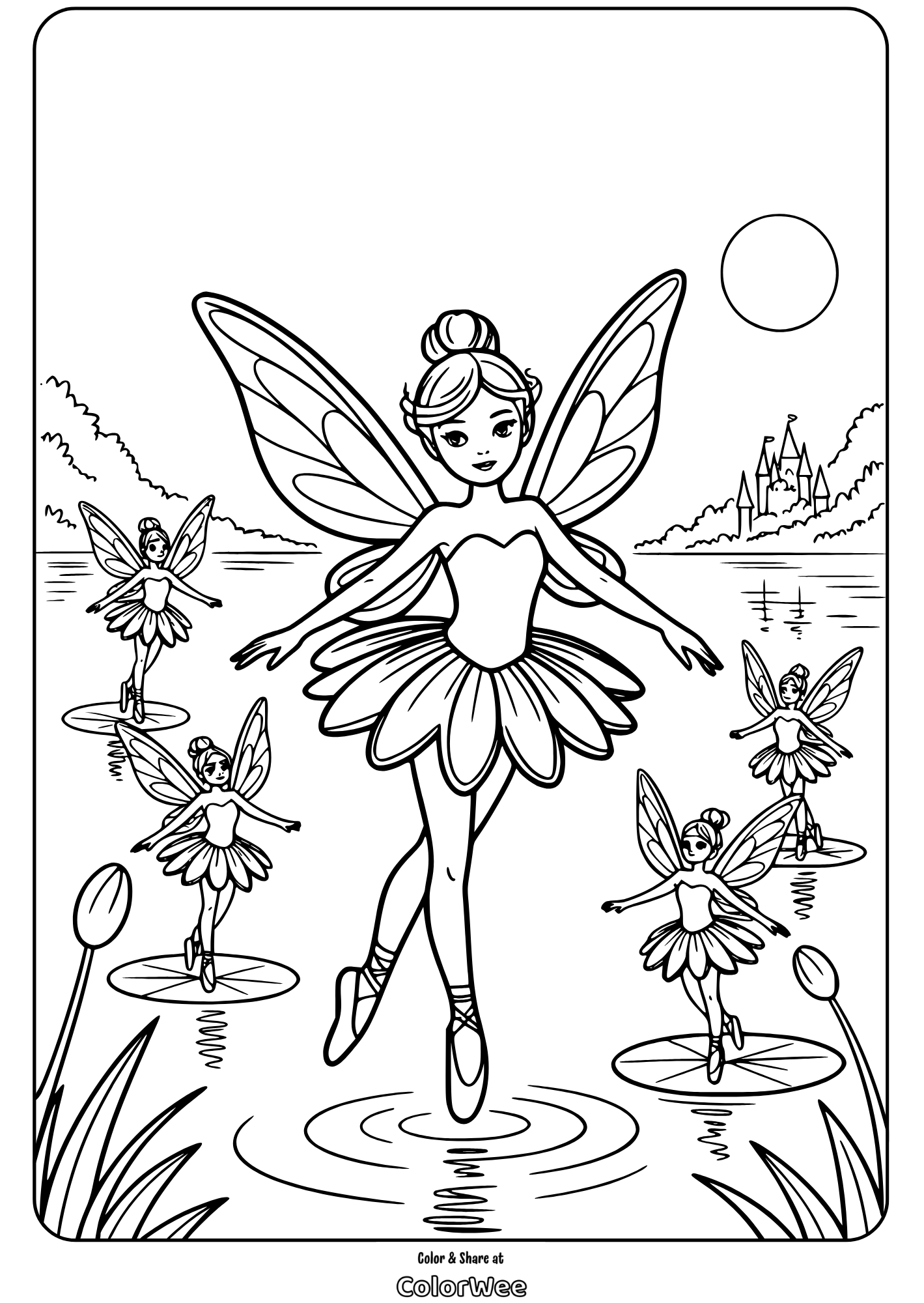 ballerina fairy dancing on lake coloring page Fairy coloring page with fairies dancing on a lake near a castle.
