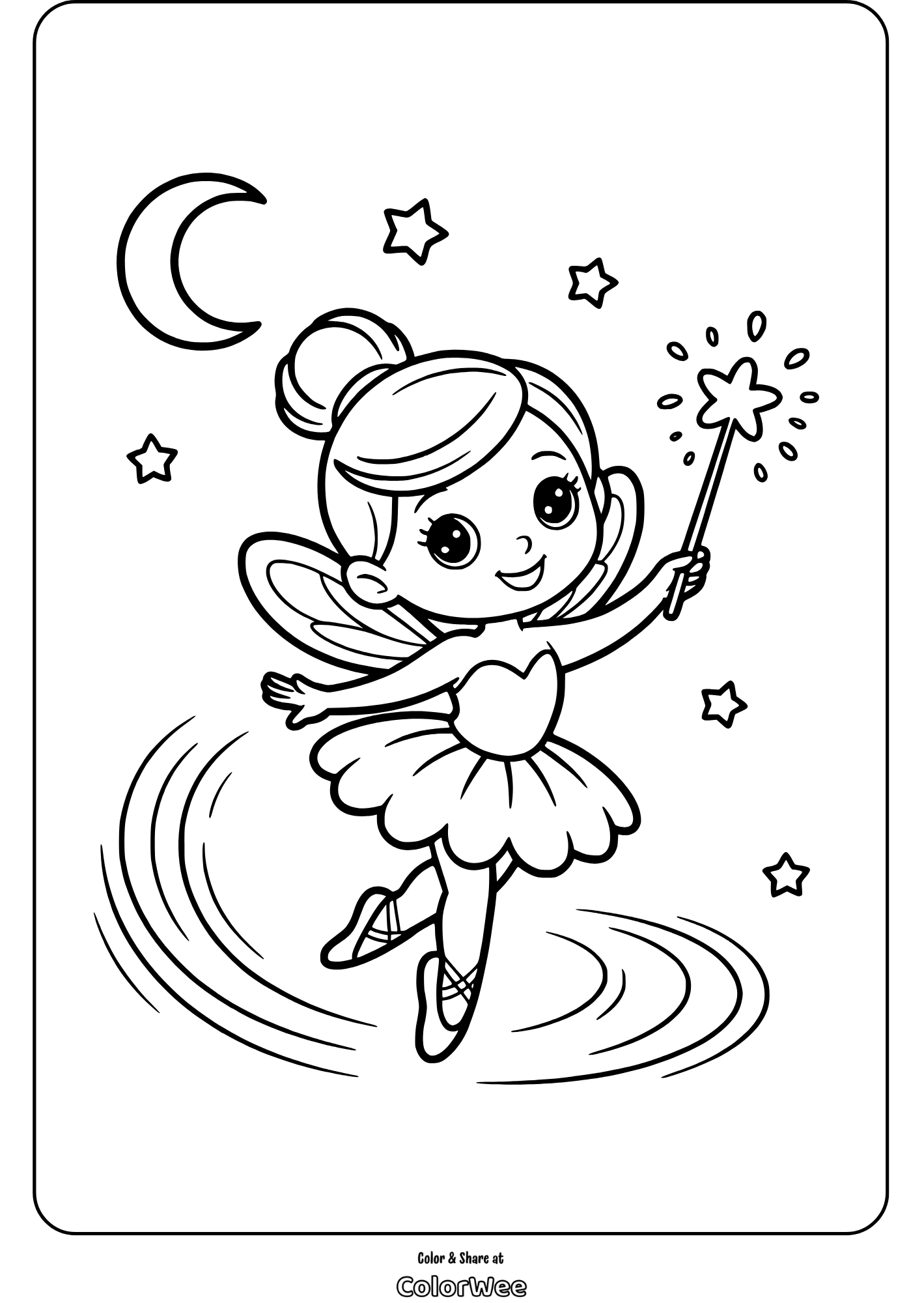 ballerina fairy with magic wand coloring page Fairy coloring page with stars and moon background.