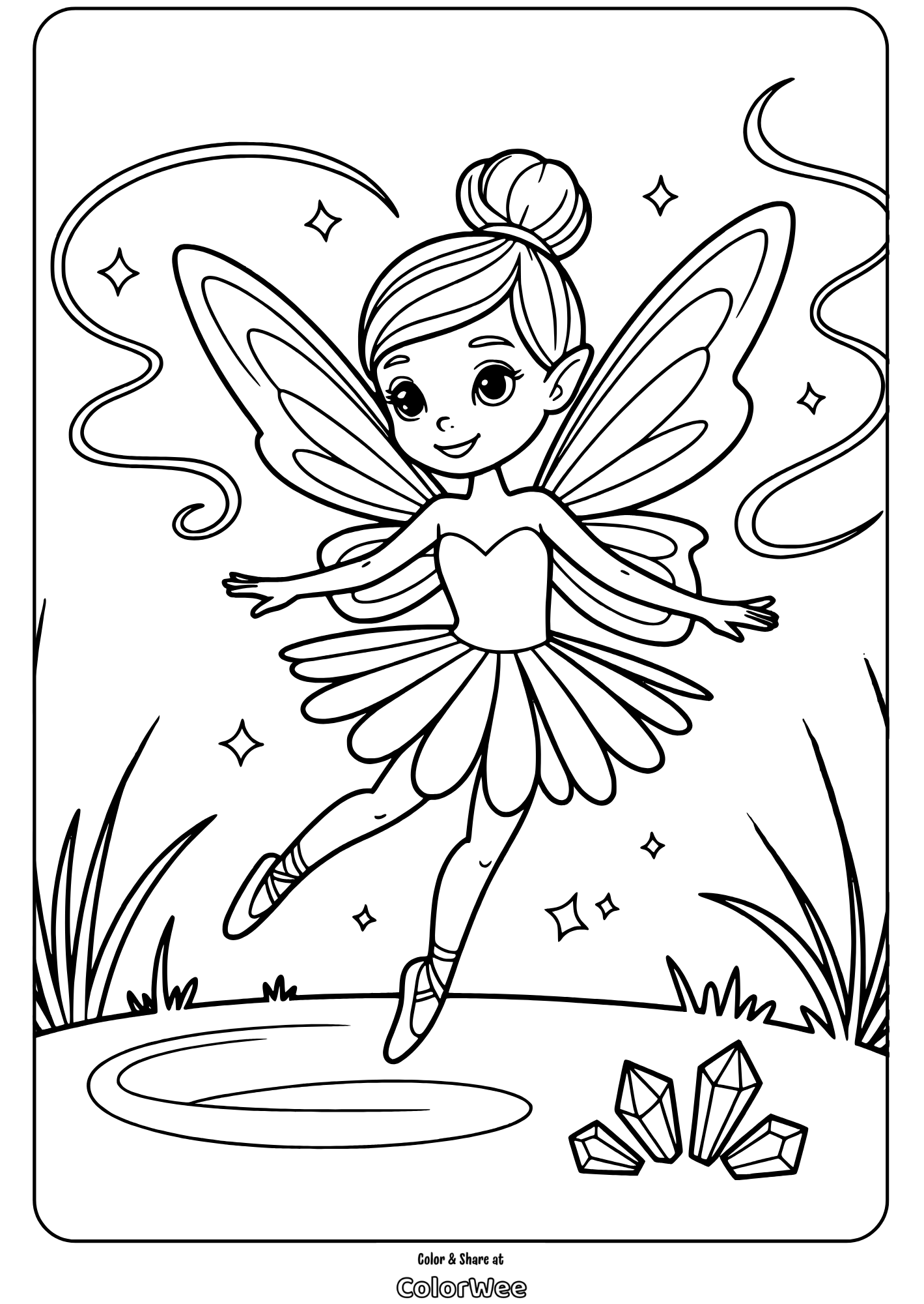 ballerina fairy with sparkling wings coloring page Fairy coloring page with dancing ballerina fairy and stars.