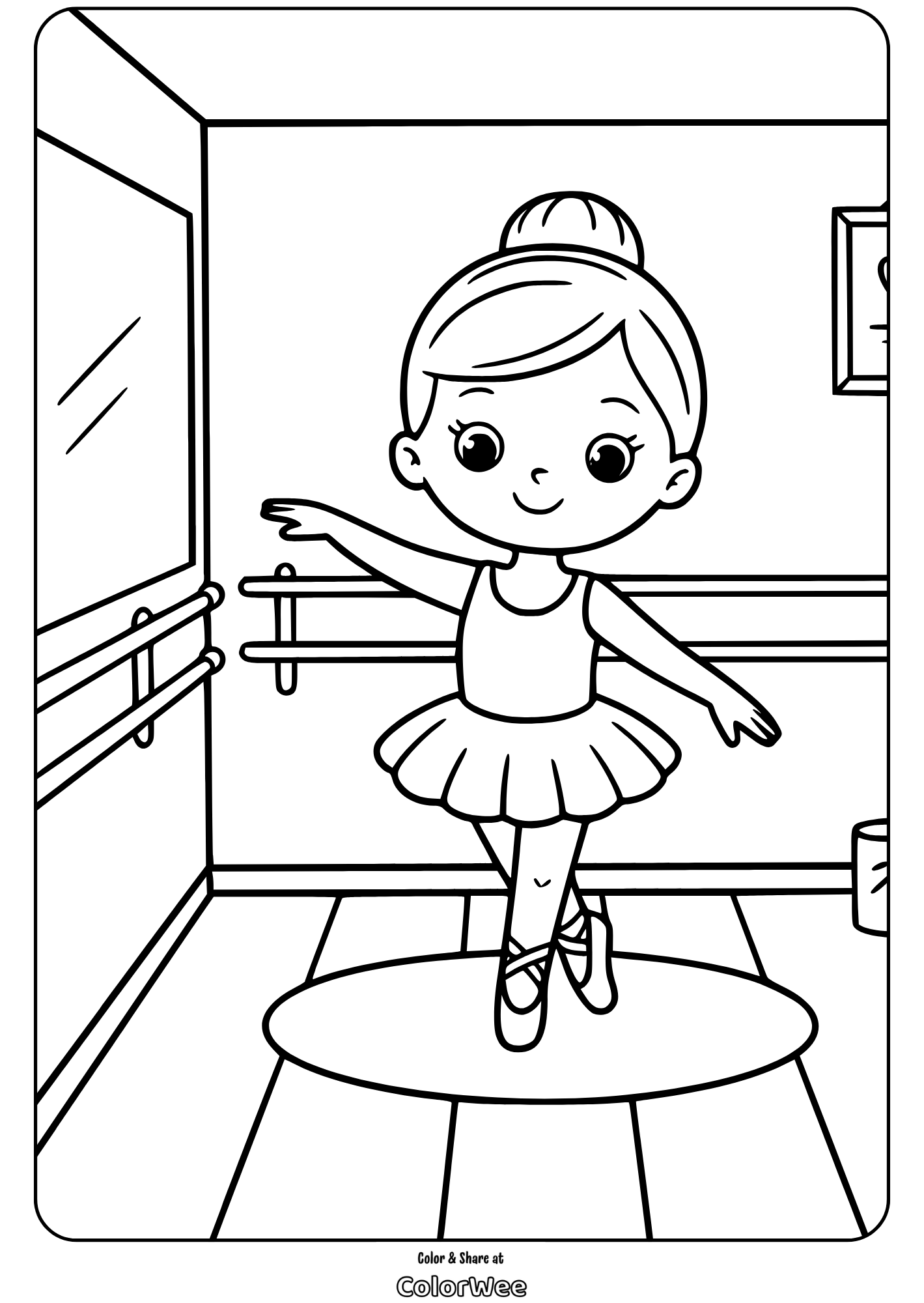 ballerina girl at barre coloring page Young ballerina in tutu practicing ballet at barre coloring page.