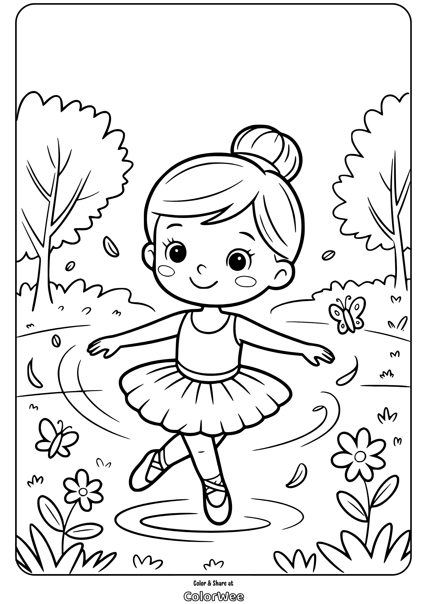 ballerina girl dancing in garden coloring page Cute ballerina dancing in garden coloring page for kids.