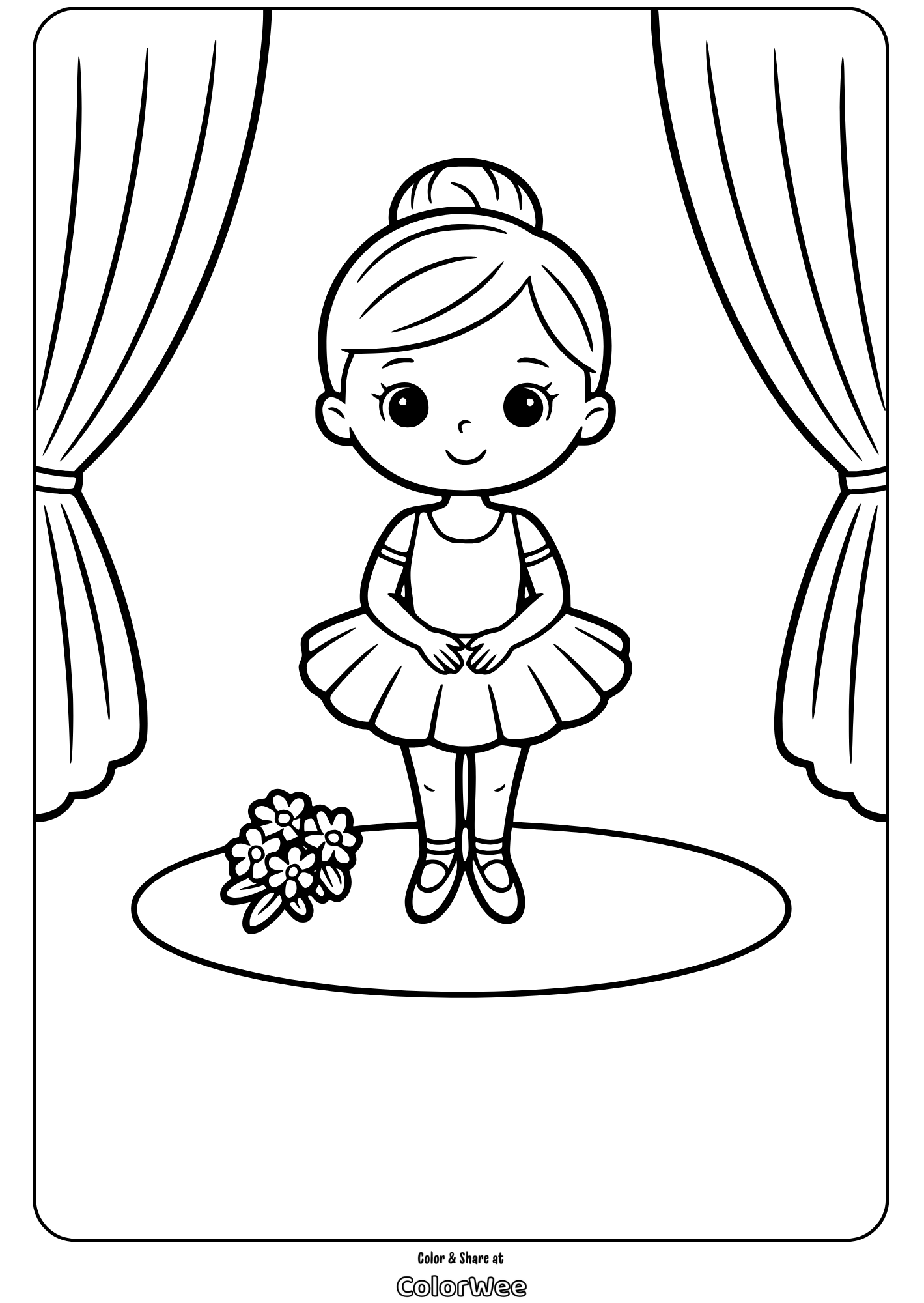 ballerina girl on stage coloring page Cute ballerina standing on stage with flowers coloring page.