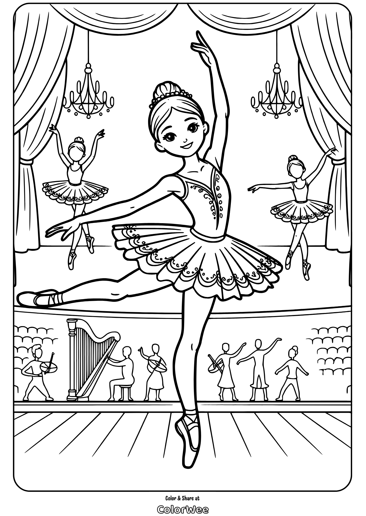 ballerina girl performance coloring page Ballet dancer coloring page with stage performance scene.
