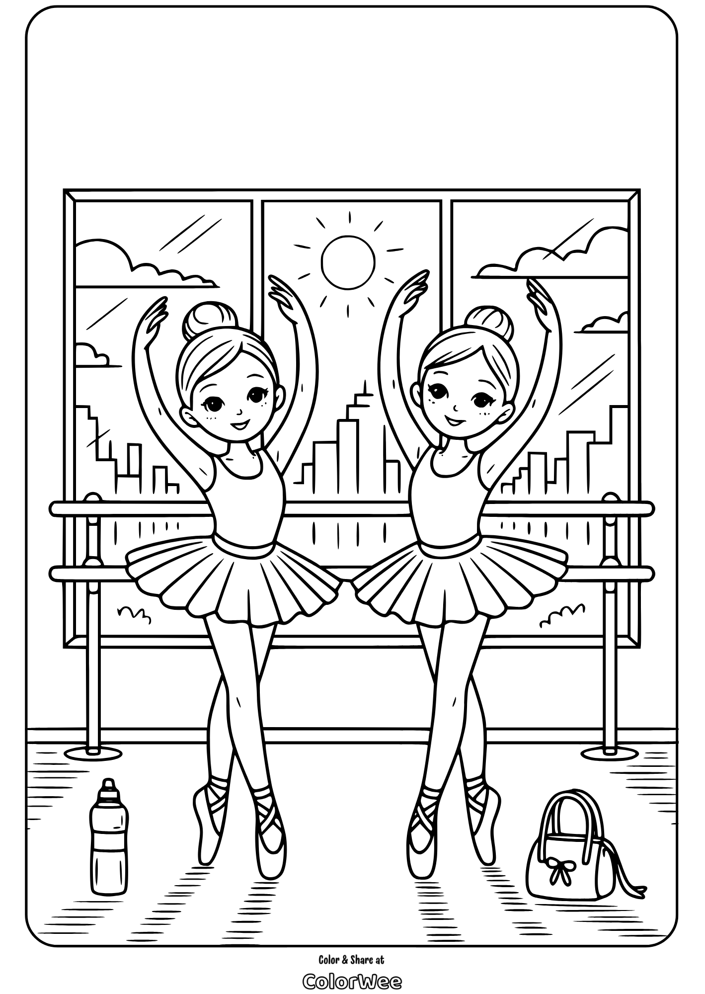 ballerina girl practice with friend coloring page Ballet dancers in studio coloring page with city view.