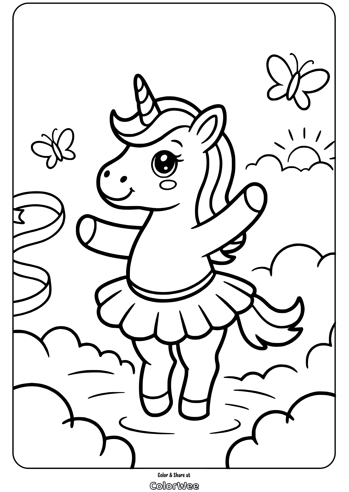 ballerina unicorn dancing in clouds coloring page Cute unicorn dancing in clouds coloring page with butterflies.