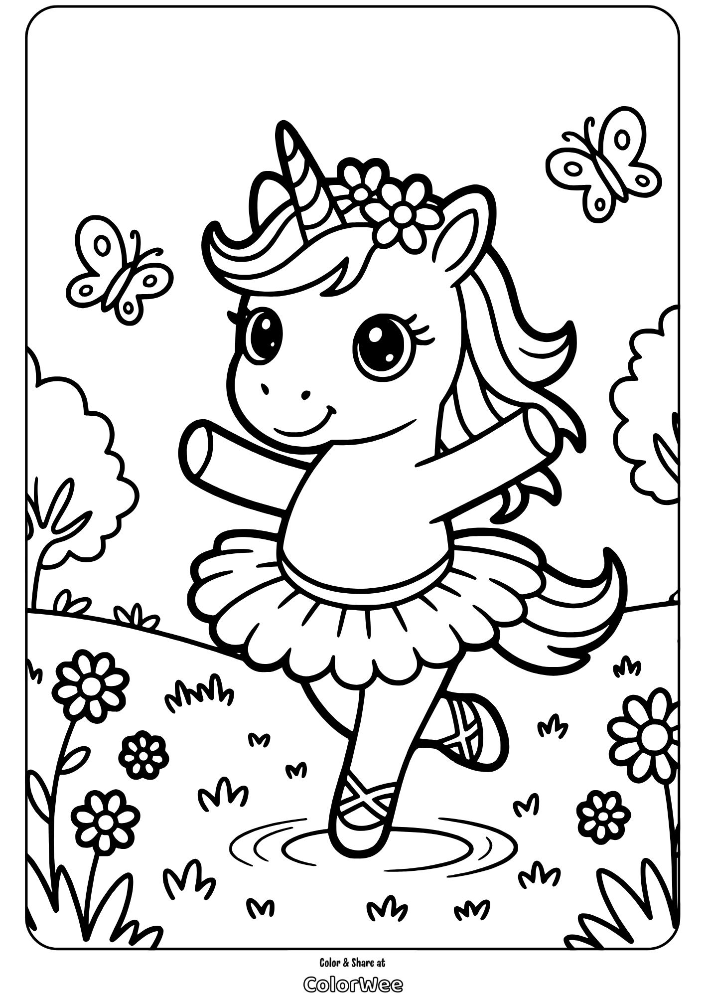 ballerina unicorn dancing in garden coloring page Cute unicorn ballerina coloring page for kids.