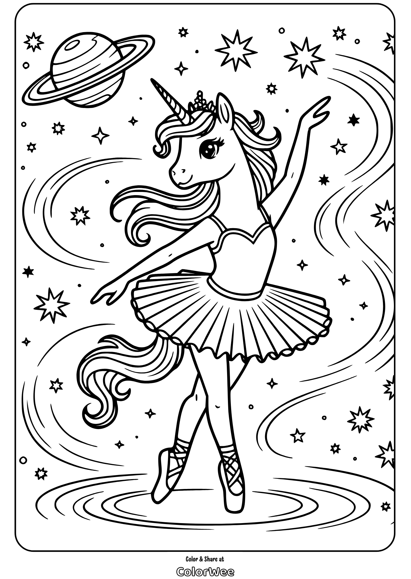 ballerina unicorn dancing in space coloring page Ballet unicorn in space-themed coloring page with stars and planets.