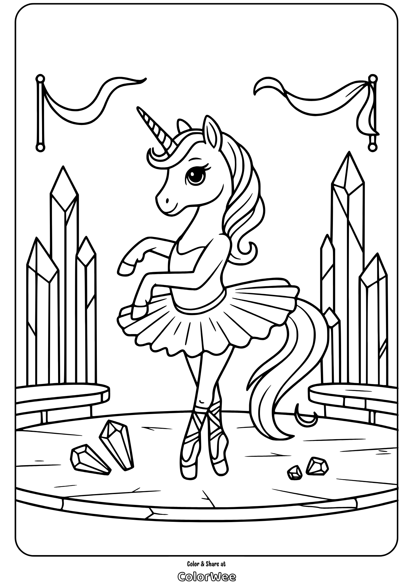 ballerina unicorn on crystal stage coloring page Ballet Unicorn Coloring Page with Crystals and Flags
