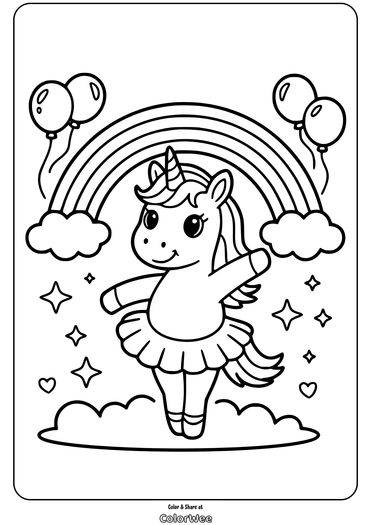 ballerina unicorn with rainbow coloring page Unicorn ballerina coloring page with rainbow and balloons.