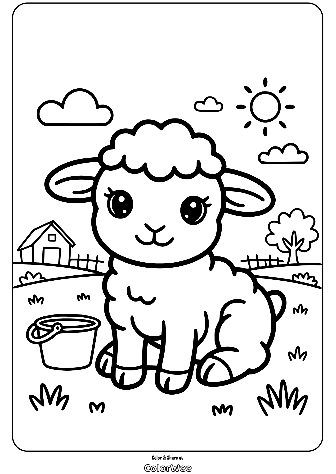 Cute lamb coloring page with farm background.