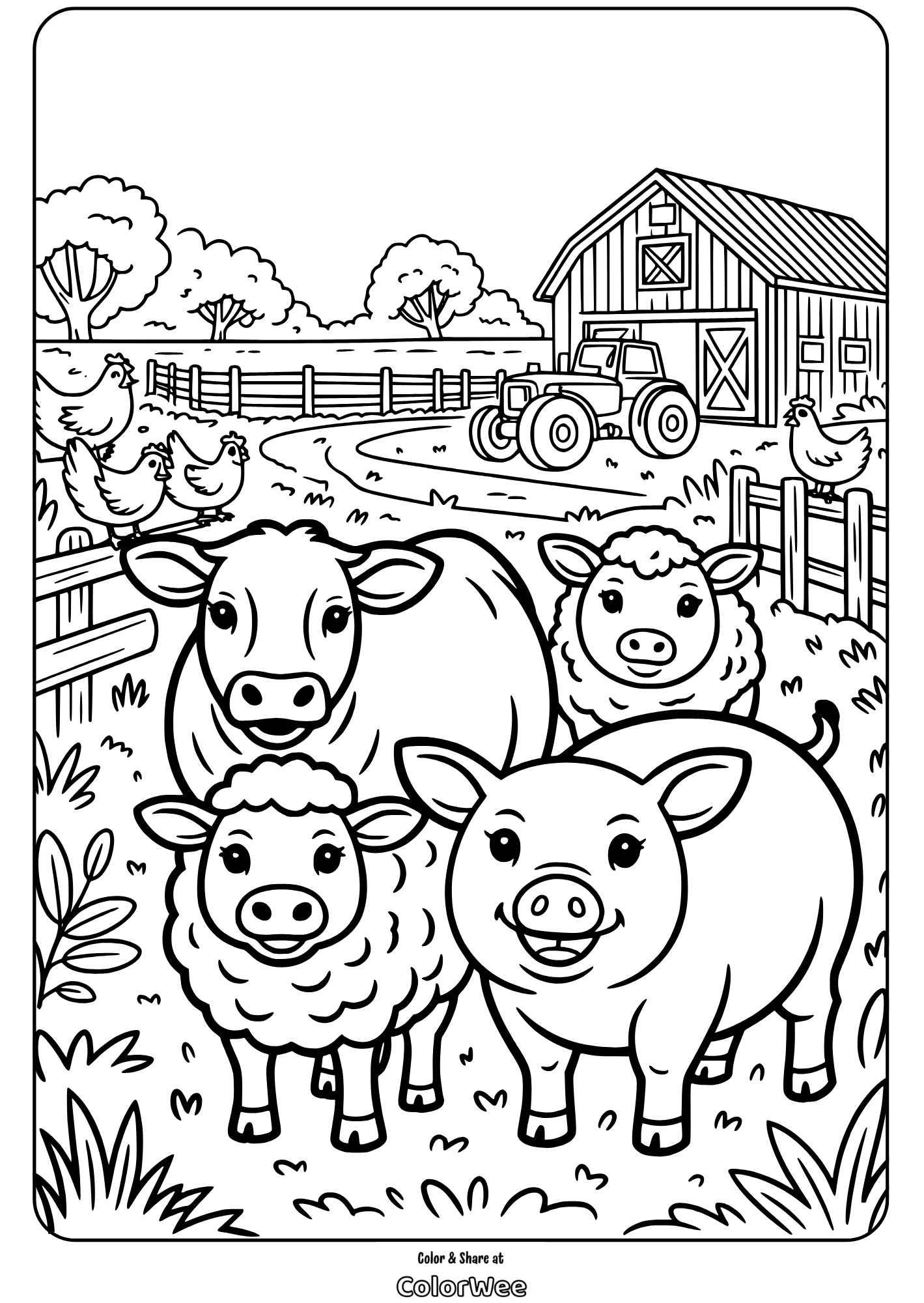 Farm animals coloring page: cow, sheep, pig, barn, chickens, and tractor.