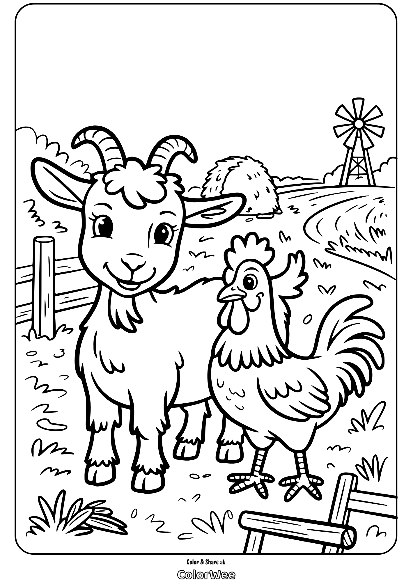 Farm animals coloring page: goat and rooster in a field.
