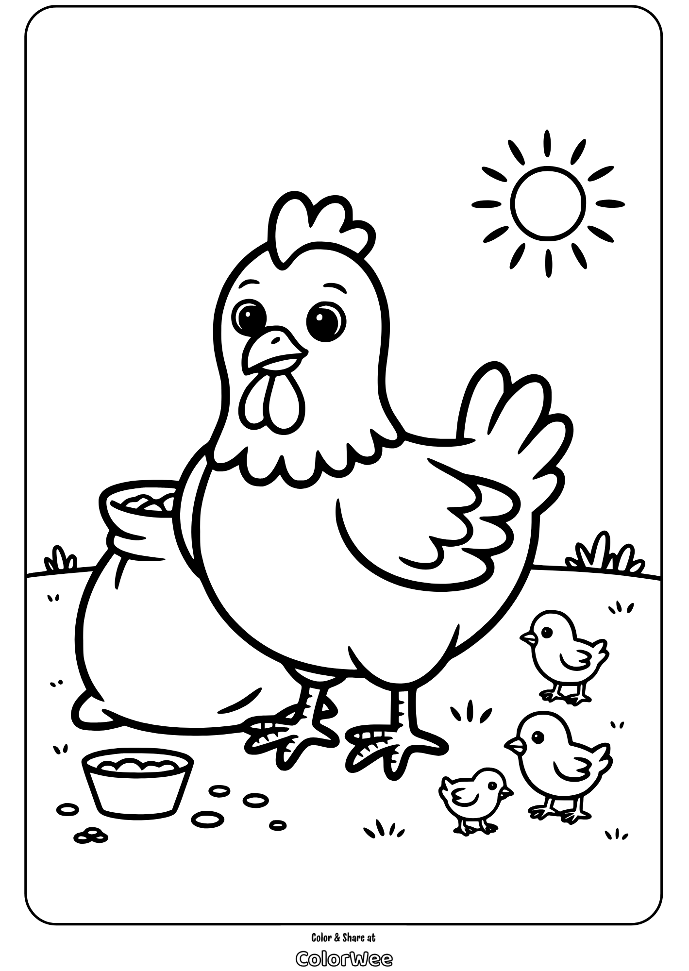Chicken and chicks coloring page with sun in the background.