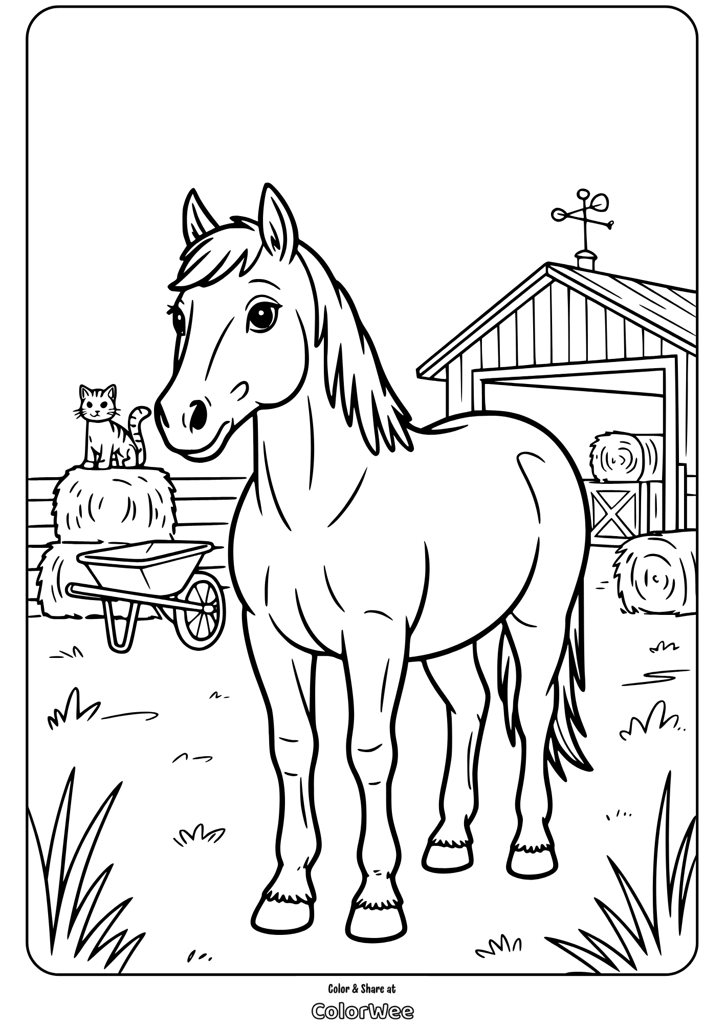 Horse and farm coloring page with barn and cat.