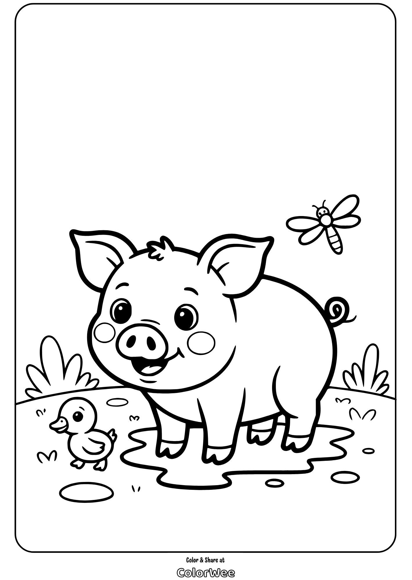 Cute piggy coloring page with duck and dragonfly.