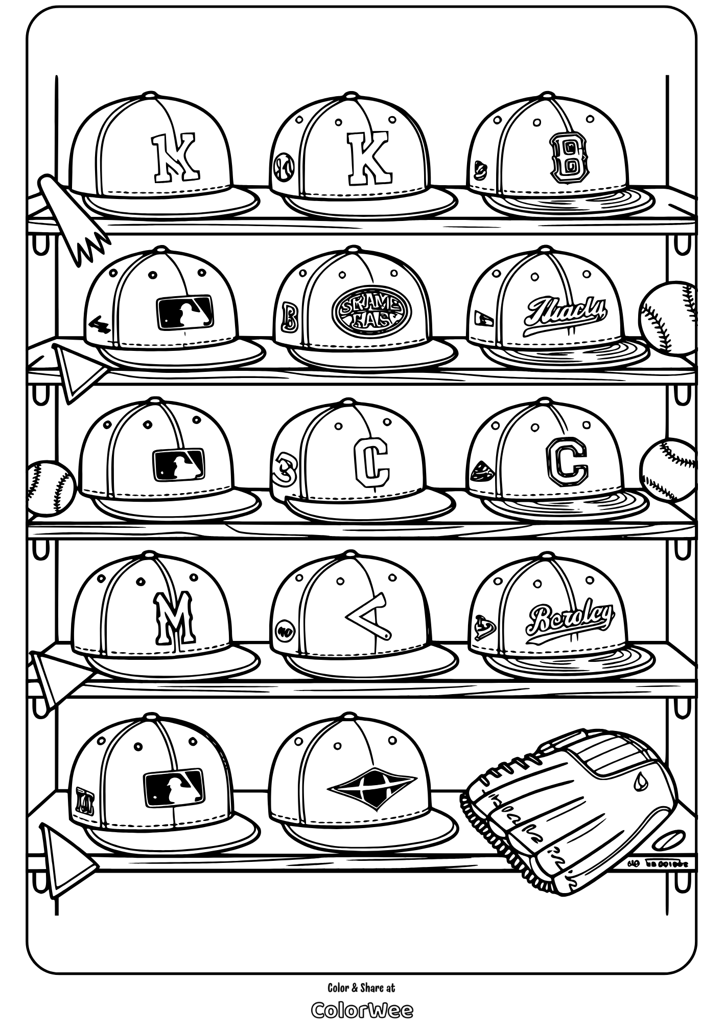 baseball cap coloring page Baseball caps coloring page with various designs and logos.
