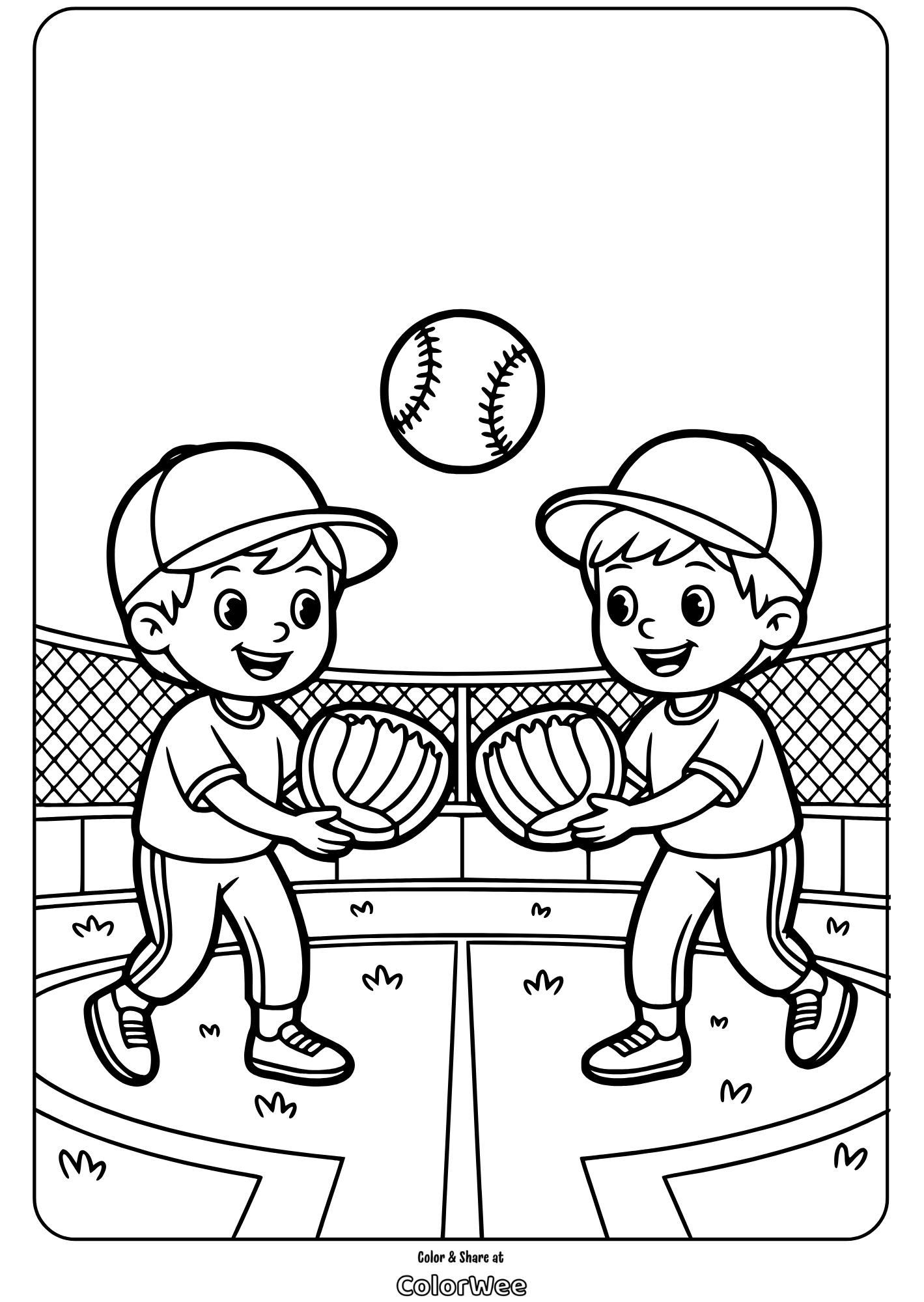 baseball coloring page two kids playing catch in a field Baseball coloring page: two kids playing catch in a field.