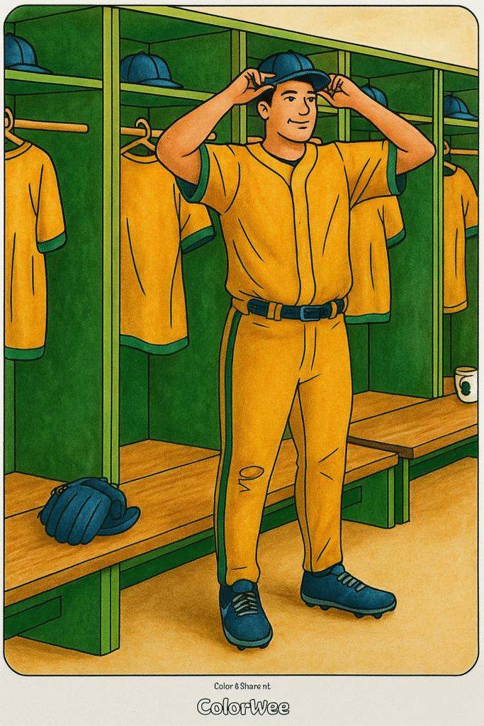 baseball player Baseball player in yellow uniform in a locker room coloring page.