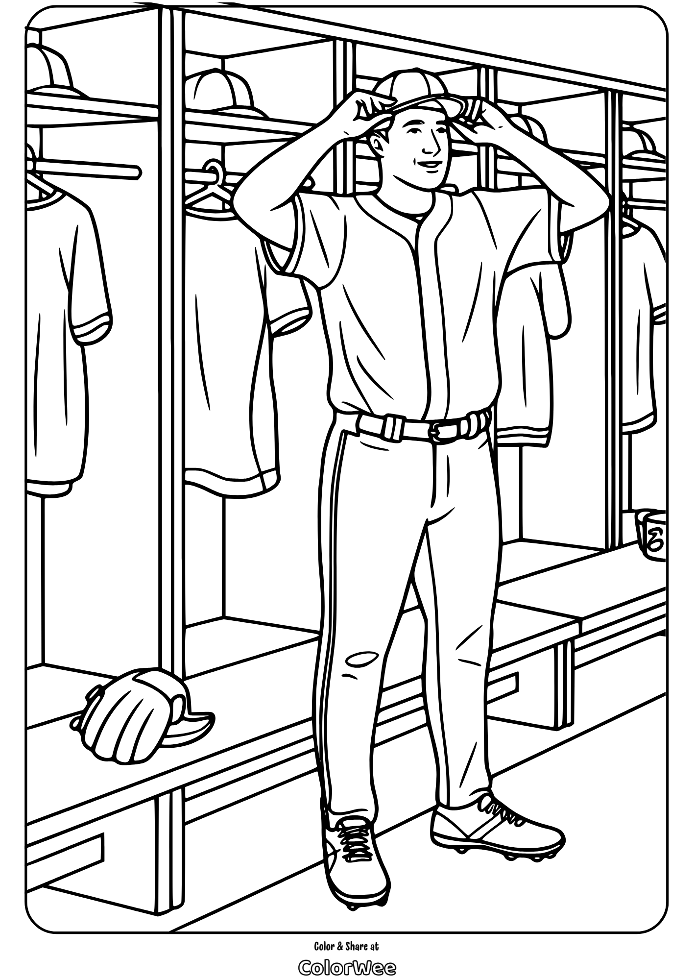 baseball player in uniform adjusting cap in locker room coloring page Baseball player in uniform adjusting cap in locker room coloring page